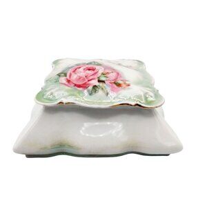 Trinket Box R&S Germany Vintage Pink Roses Green Leaves Jewelry Stamped 5.5 In